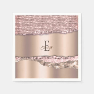 Trendy Rose Gold Diamonds Glitzer Monogram Serviette
