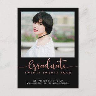 Trendy Rose Gold Foil Abschluss Script Foto Ankündigungspostkarte