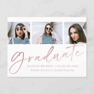 Trendy Rose Gold Foil Script 3 Foto Abschluss Ankündigungspostkarte