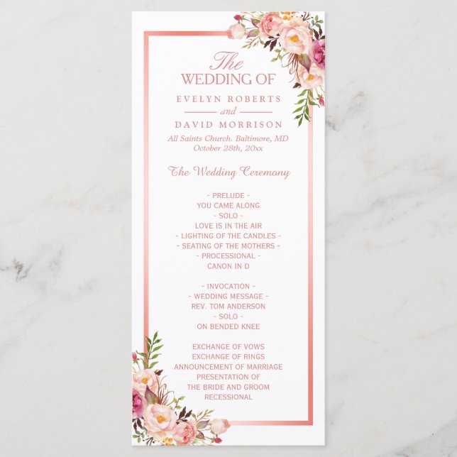 Trendy Rose Gold Frame Floral Wedding Programm (Vorderseite)