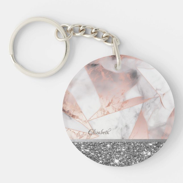 Trendy Rose Gold Geometric Marble Schlüsselanhänger (Vorderseite)