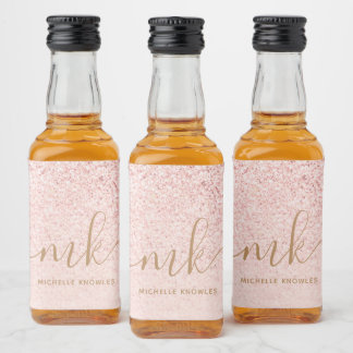 Trendy Rose Gold Glitzer Extravagante Initialen un Alkoholflaschenetikett