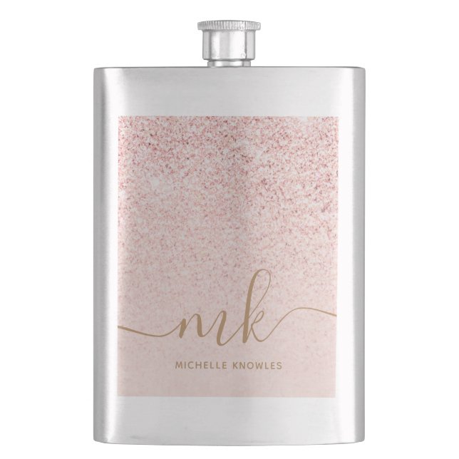 Trendy Rose Gold Glitzer Extravagante Initialen un Flachmann (Vorderseite)