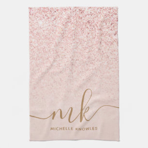 Trendy Rose Gold Glitzer Extravagante Initialen un Geschirrtuch