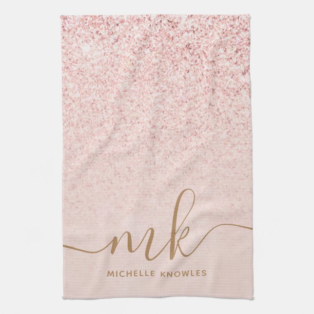 Trendy Rose Gold Glitzer Extravagante Initialen un Geschirrtuch (Vertikal)