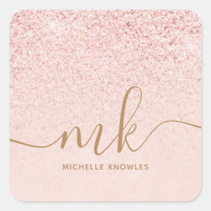 Trendy Rose Gold Glitzer Extravagante Initialen un Quadratischer Aufkleber