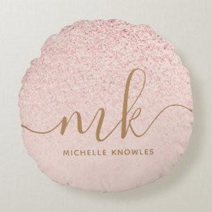 Trendy Rose Gold Glitzer Extravagante Initialen un Rundes Kissen