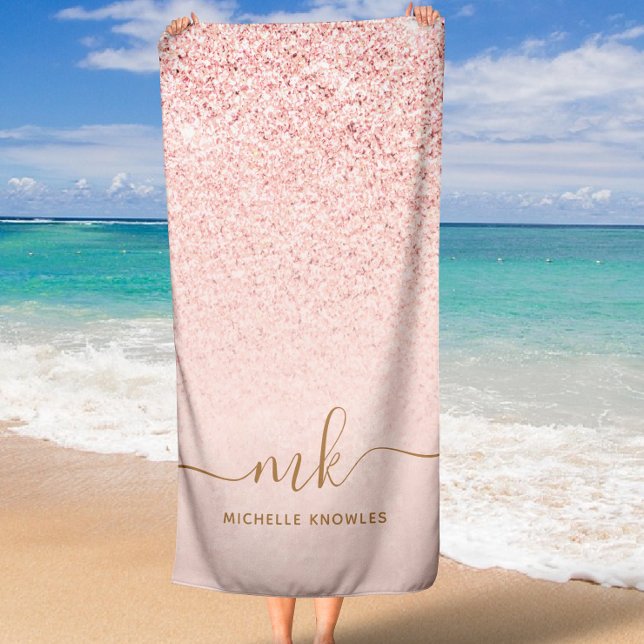 Trendy Rose Gold Glitzer Extravagante Initialen un Strandtuch (Trendy Rose Gold Glitter Fancy Initials and Name Beach Towel)