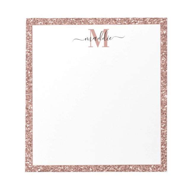 Trendy Rose Gold Glitzer Initial/Name Monogram Notizblock (Vorderseite)