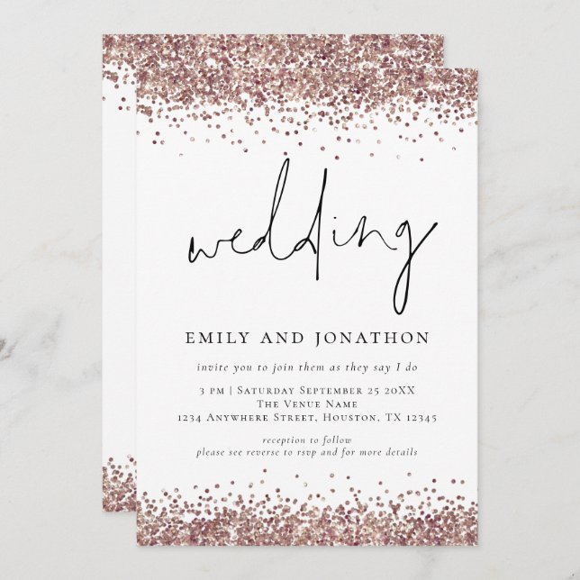 Trendy Rose Gold Glitzer QR Code Wedding Einladung (Vorne/Hinten)