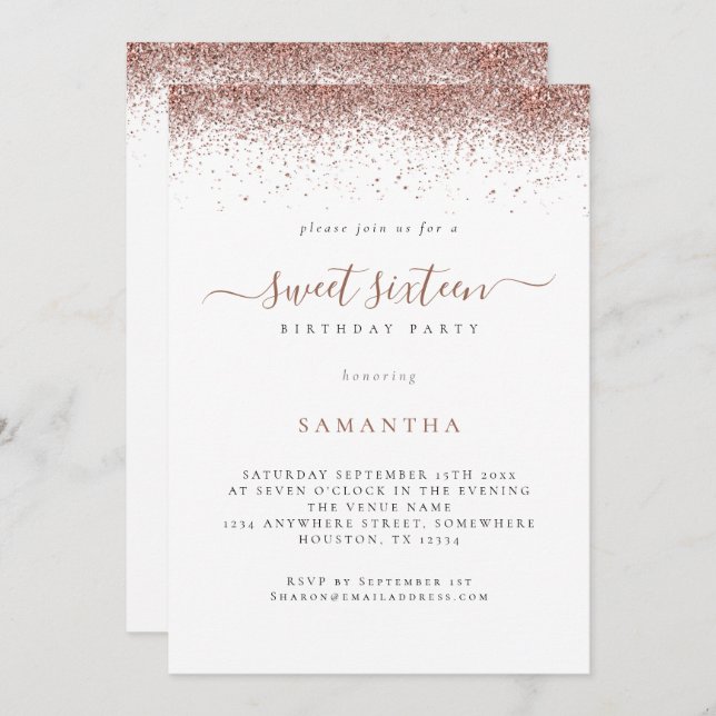 Trendy Rose Gold Glitzer Script Sweet 16 Einladung (Vorne/Hinten)