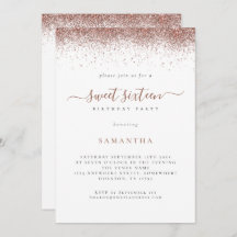 Trendy Rose Gold Glitzer Script Sweet 16
