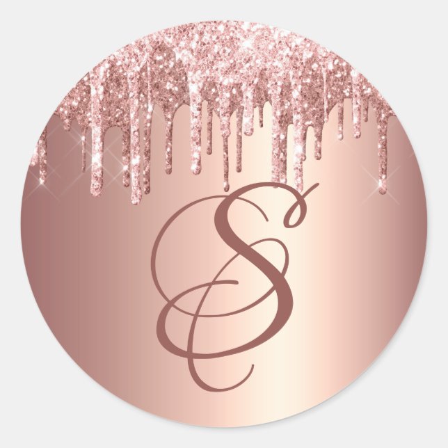 Trendy Rose Gold Glitzer Tropfen Grafische Monogra Runder Aufkleber (Vorderseite)