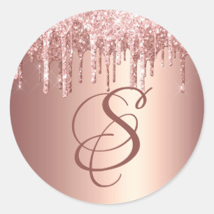 Trendy Rose Gold Glitzer Tropfen Grafische Monogra Runder Aufkleber