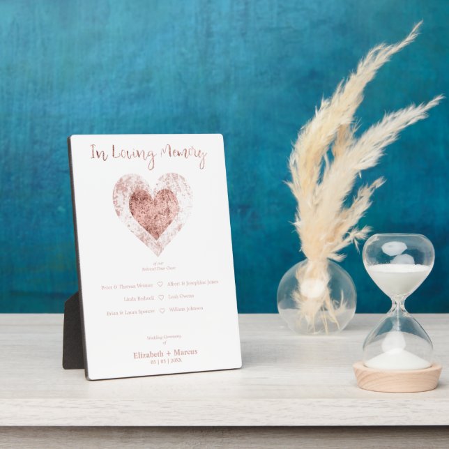 Trendy Rose Gold Heart Love Memory Wedding Table Fotoplatte (Seite)