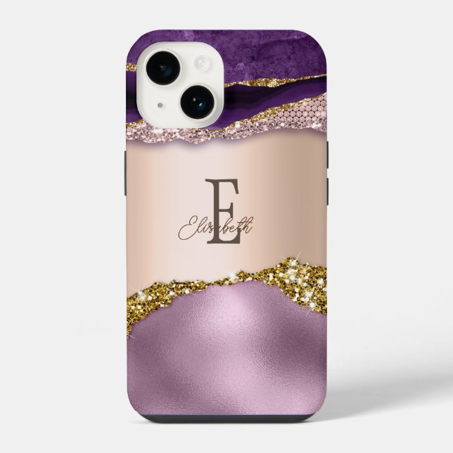 Trendy Rose Gold Lila Glitzer Monogram iPhone Hülle (Rückseite)