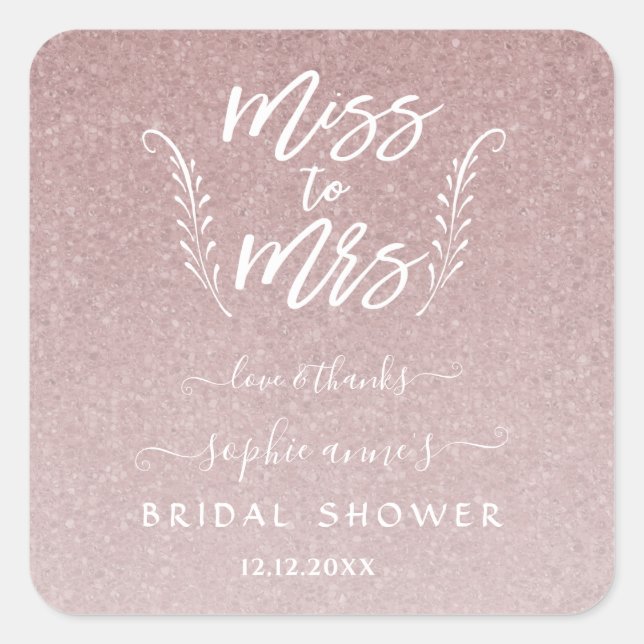 Trendy Rose Gold Miss an Mrs. Brautparty Quadratischer Aufkleber (Vorderseite)