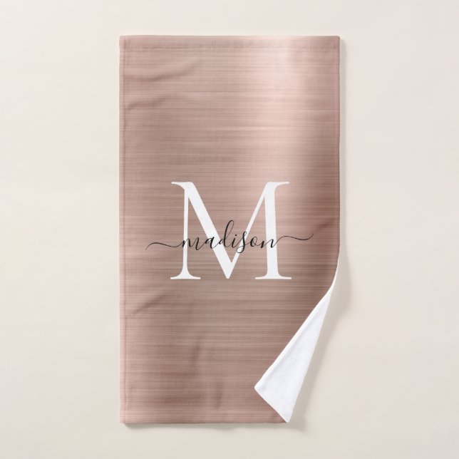 Trendy Rose Gold Pink Metallic Monogram Script Handtuch (Handtuch)