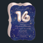 Trendy Rose Gold Stars Navy Blue Sweet 16 Einladung<br><div class="desc">Sterne auf marineblau blauem Hintergrund.</div>