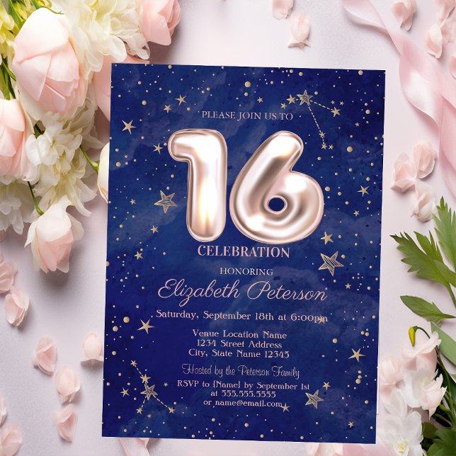 Trendy Rose Gold Stars Navy Blue Sweet 16 Einladung (Von Creator hochgeladen)