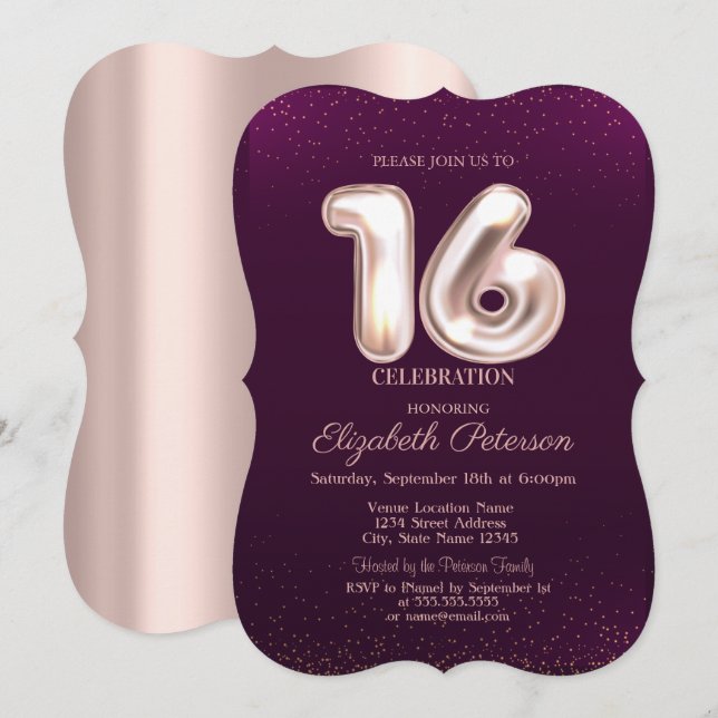 Trendy Rose Gold, Violet Sweet 16 Einladung (Vorne/Hinten)