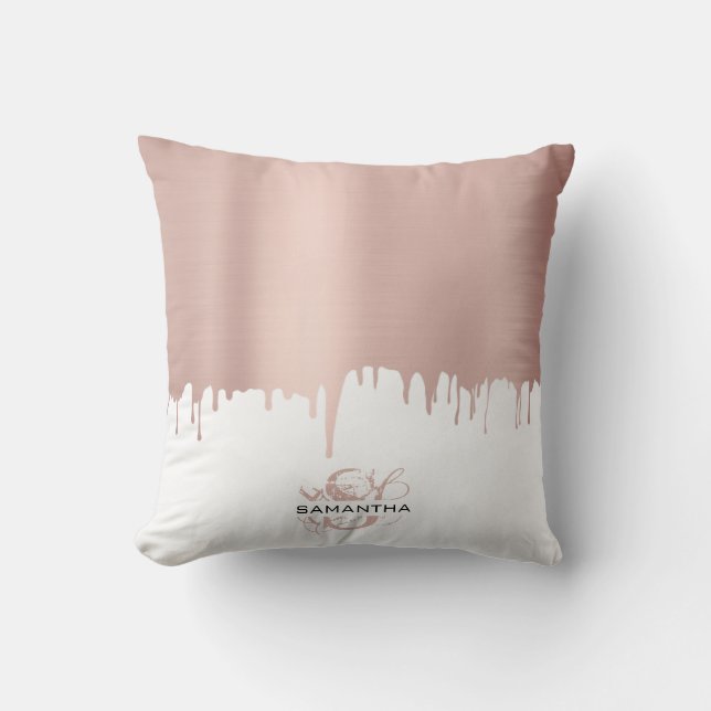 Trendy Rose Pink Gold Metallic Tropfen Monogram Kissen (Vorderseite)