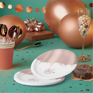 Trendy Rose Pink Gold Metallic Tropfen Monogram Pappteller