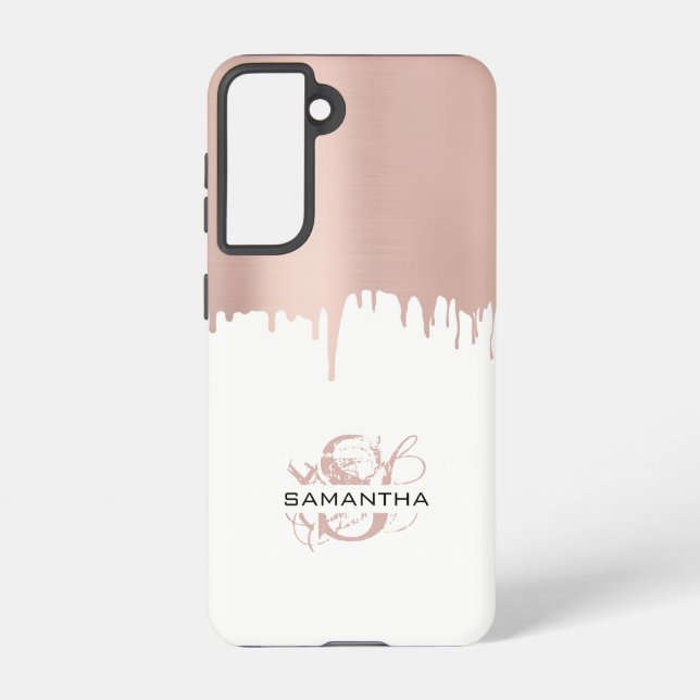 Trendy Rose Pink Gold Metallic Tropfen Monogram Samsung Galaxy Hülle (Rückseite)