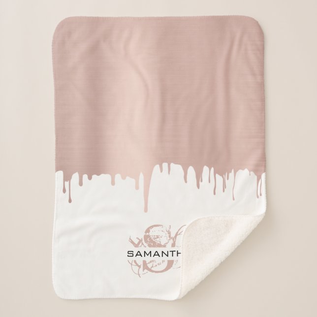 Trendy Rose Pink Gold Metallic Tropfen Monogram Sherpadecke (Vorderseite)