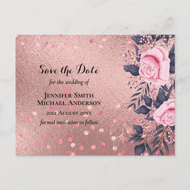 Trendy ROSEGOLD Wedding Metallic Pink Navy Glitzer Postkarte (Vorderseite)