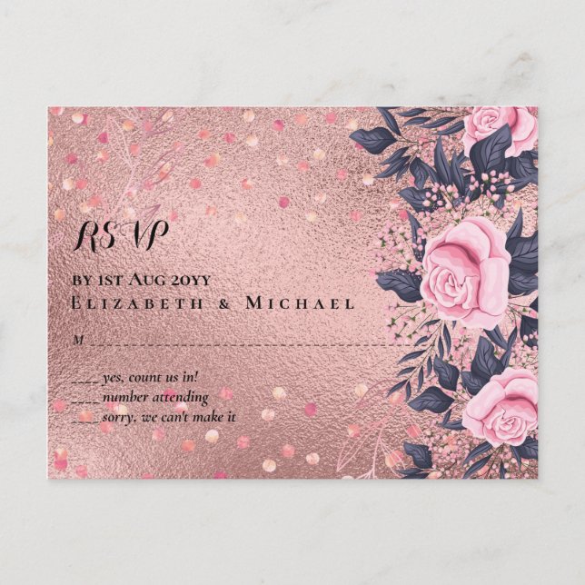 Trendy ROSEGOLD Wedding Metallic Pink Navy Glitzer Postkarte (Vorderseite)