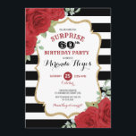Trendy Rote Rosen 60. Überraschung Geburtstag Einladung<br><div class="desc">Dieses Design zeichnet sich durch lebendige Aquarellfarben-rote Rosen auf schwarz-weiß gestreiftem Hintergrund aus</div>