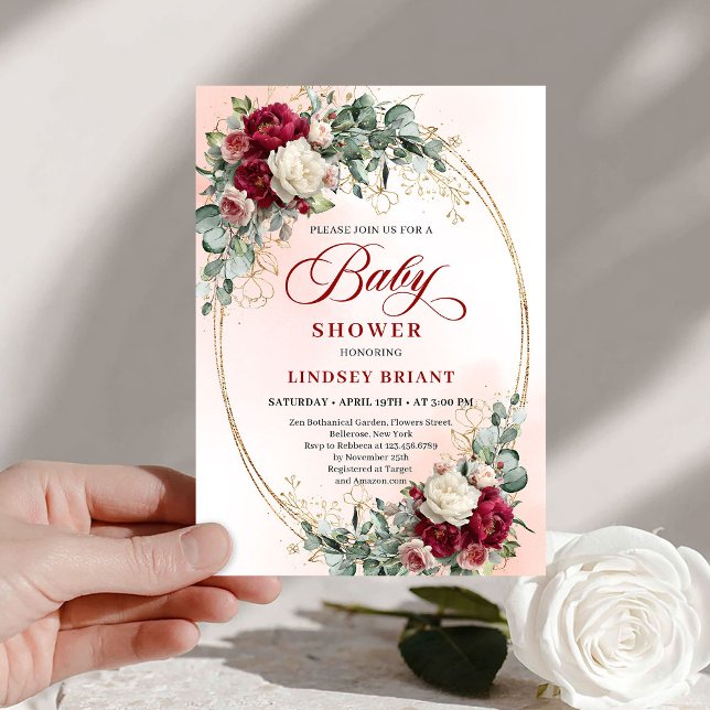 Trendy Rustic Burgundy Gold Baby Shower Invitation Einladung (Trendy Rustic Burgundy Gold Baby Shower Invitation)