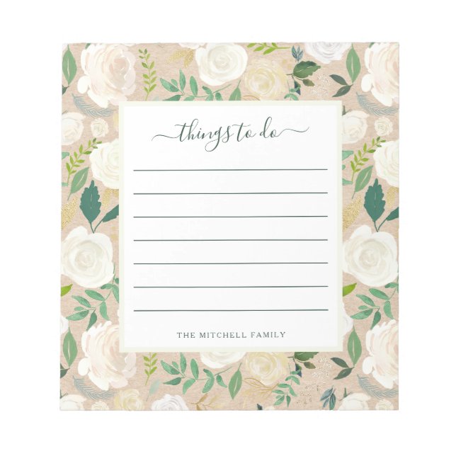 Trendy Rustic White Floral on Kraft | Maßnahmen Notizblock (Vorderseite)