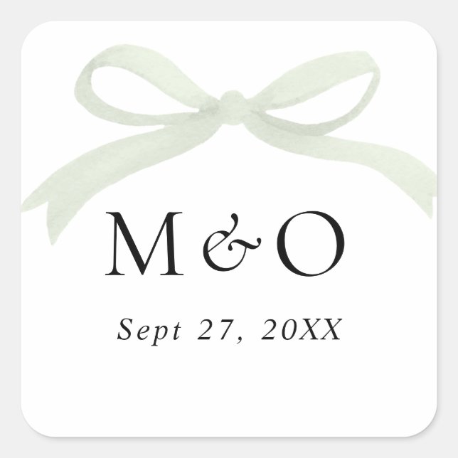 Trendy Sage Green Bow Watercolor Monogram Wedding Quadratischer Aufkleber (Vorderseite)