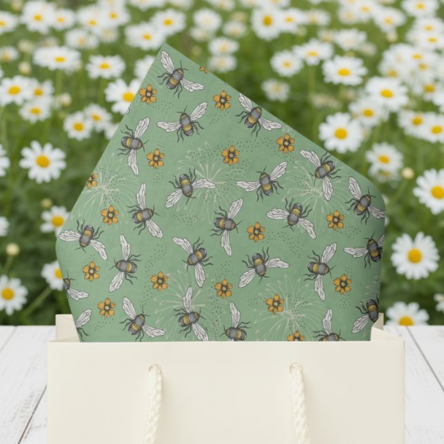 Trendy Sage Green Buzzing Honeybee für den Sommer Seidenpapier (Floral Bee Pattern Tissue Paper. Yellow & Black Honey Bees & Daisy Flowers Pattern in Sage Green)