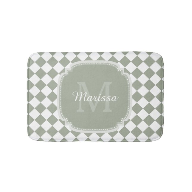 Trendy Sage Green Checked Mit Monogramm Name Badematte (Vorderseite)