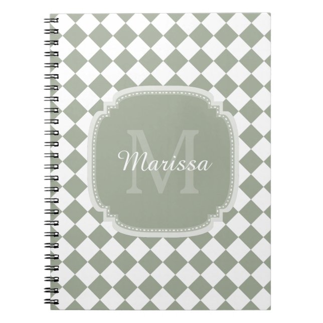 Trendy Sage Green Checked Mit Monogramm Name Notizblock (Vorderseite)