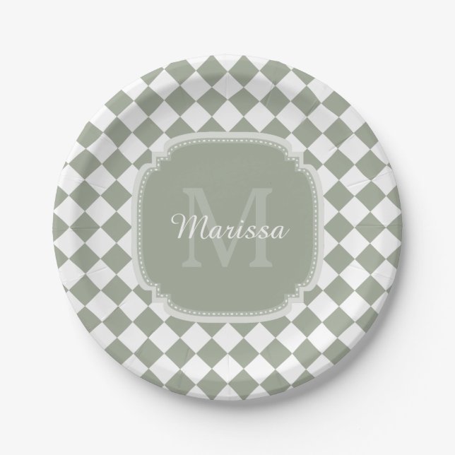 Trendy Sage Green Checked Mit Monogramm Name Pappteller (Vorderseite)