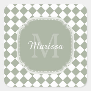 Trendy Sage Green Checked Mit Monogramm Name Quadratischer Aufkleber