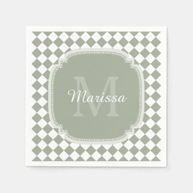 Trendy Sage Green Checked Mit Monogramm Name Serviette (Vorderseite)