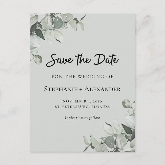 Trendy Sage Green Eukalyptus Wedding Save the Date Ankündigungspostkarte (Vorderseite)