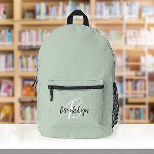 Trendy Sage Green Schwarz-weiß Script Monogram Bedruckter Rucksack