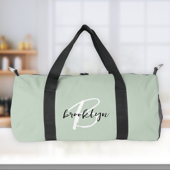 Trendy Sage Green Schwarz-weiß Script Monogram Duffle Bag (Von Creator hochgeladen)
