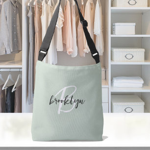 Trendy Sage Green Schwarz-weiß Script Monogram Tragetaschen Mit Langen Trägern