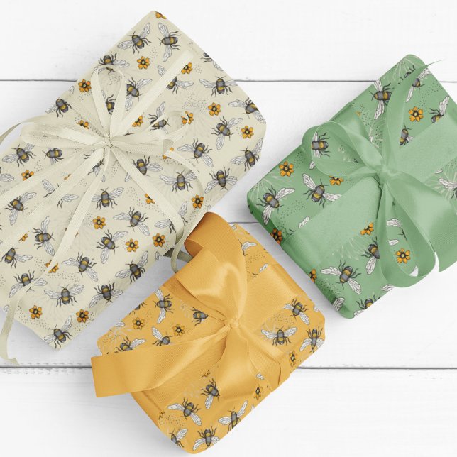 Trendy Sage & Yellow Honeybienen für Frühjahr & So Geschenkpapier Set (Elegant Bee Gift Wrap. Hand Drawn Honeybees & Cosmos Spring Flowers. Cream, Mustard Yellow & Sage.)