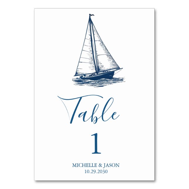 Trendy Sailboat Nautical Watercolor Wedding Tischnummer (Vorderseite)