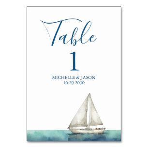 Trendy Sailboat Nautical Watercolor Wedding Tischnummer