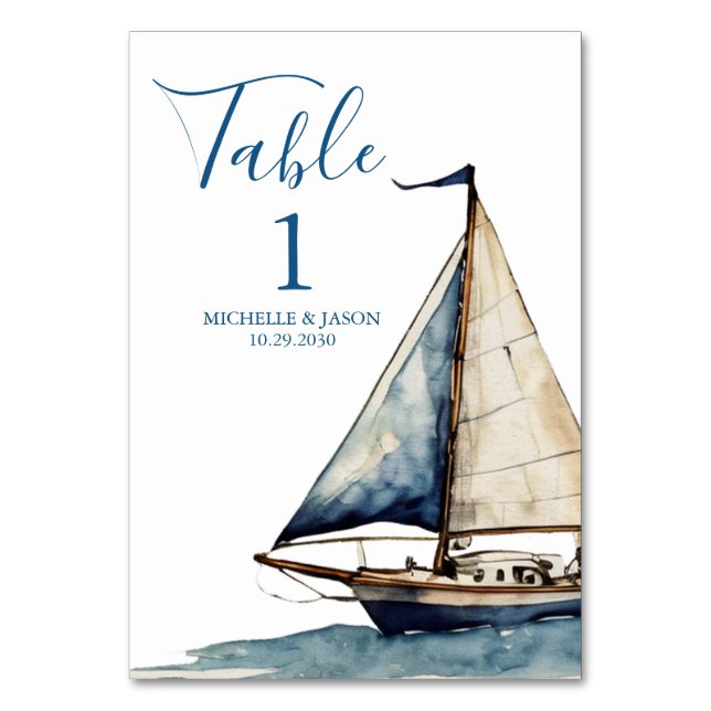 Trendy Sailboat Nautical Watercolor Wedding Tischnummer (Vorderseite)