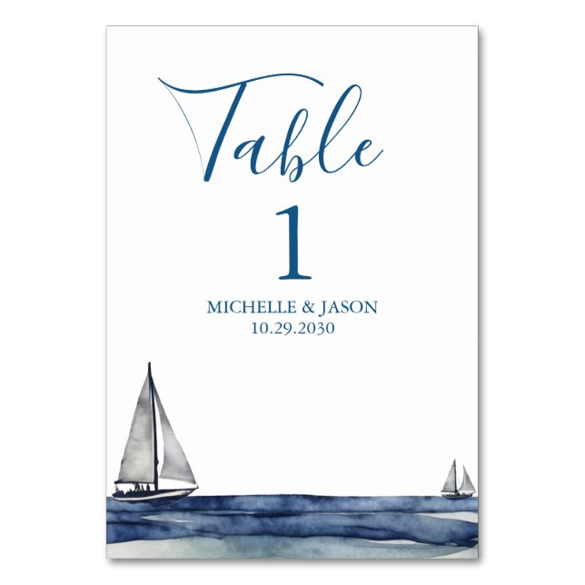 Trendy Sailboat Nautical Watercolor Wedding Tischnummer (Vorderseite)